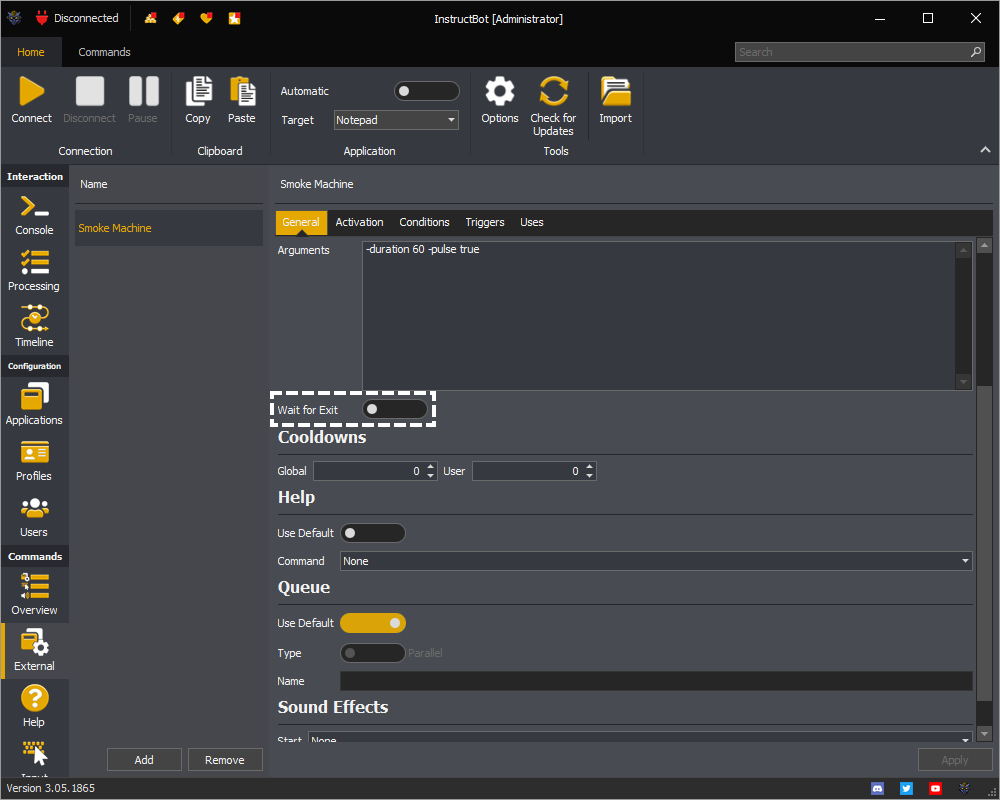 InstructBot showing the wait for exit toggled button of the command.