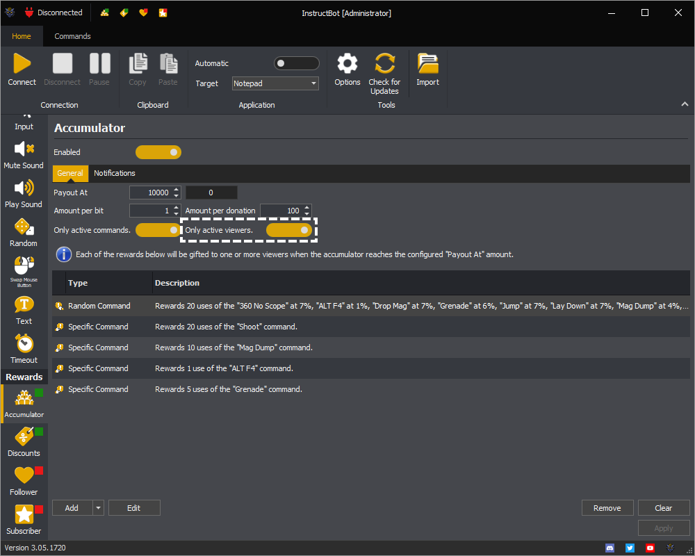 Example showing the only active viewers setting for the accumulator in InstructBot.