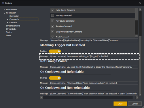 InstructBot options showing the matching trigger but disabled message template.