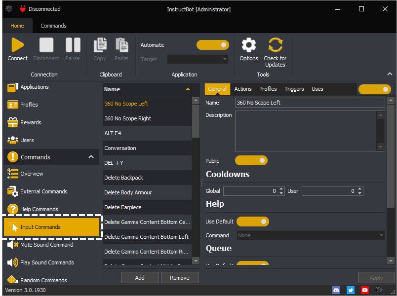 InstructBot showing an example of selecting the Input Command screen.