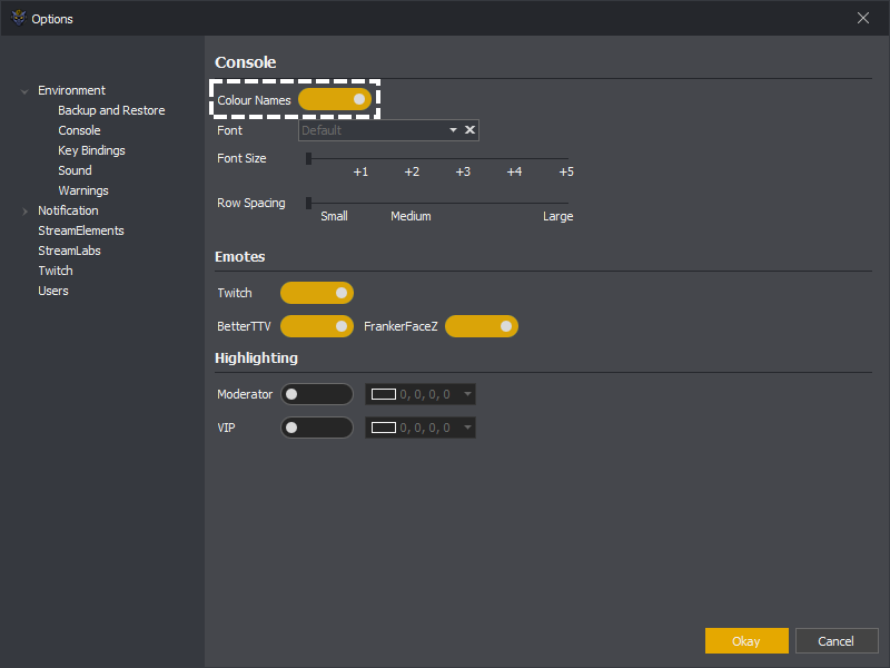 Showing the colour names setting in the options in InstructBot.