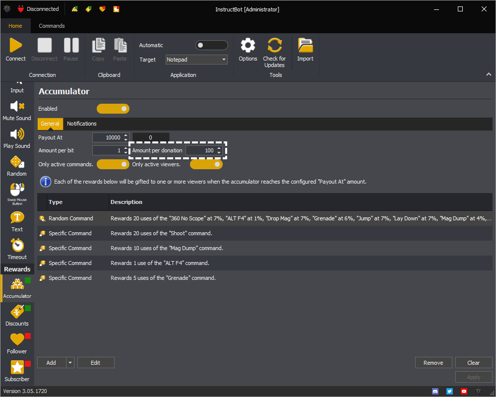 Example showing the amount per donation setting of the accumulator in InstructBot.