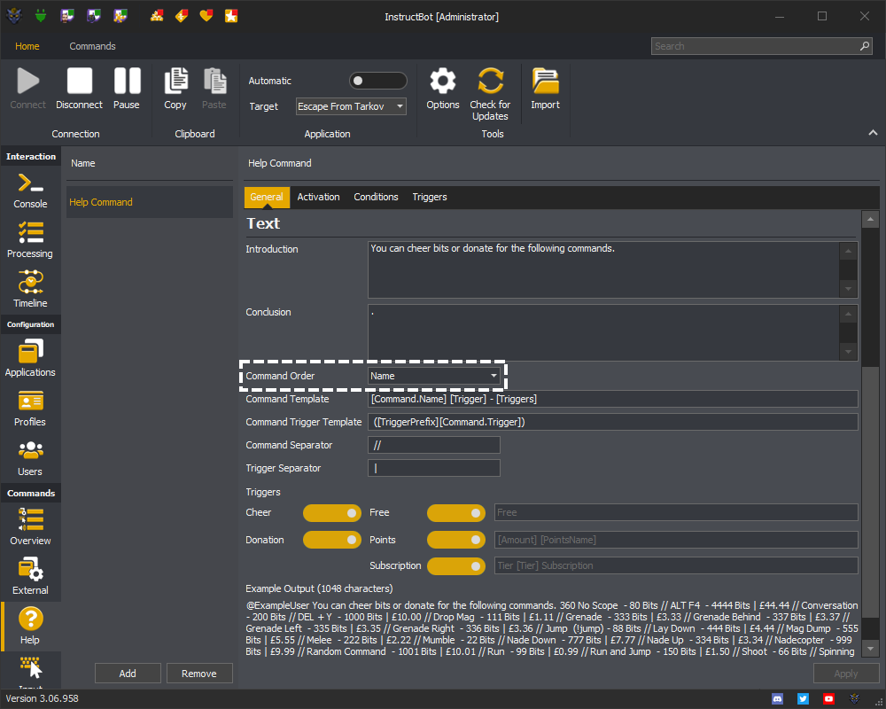 InstructBot showing command order of a help command.