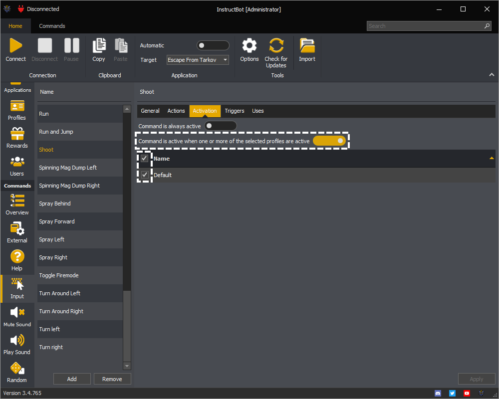 Showing an example of how to mark a command in InstructBot as activating when a selected profile is active.