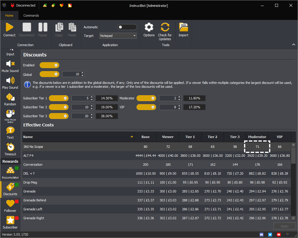 InstructBot rewards screen showing an example of the moderator discount applied.