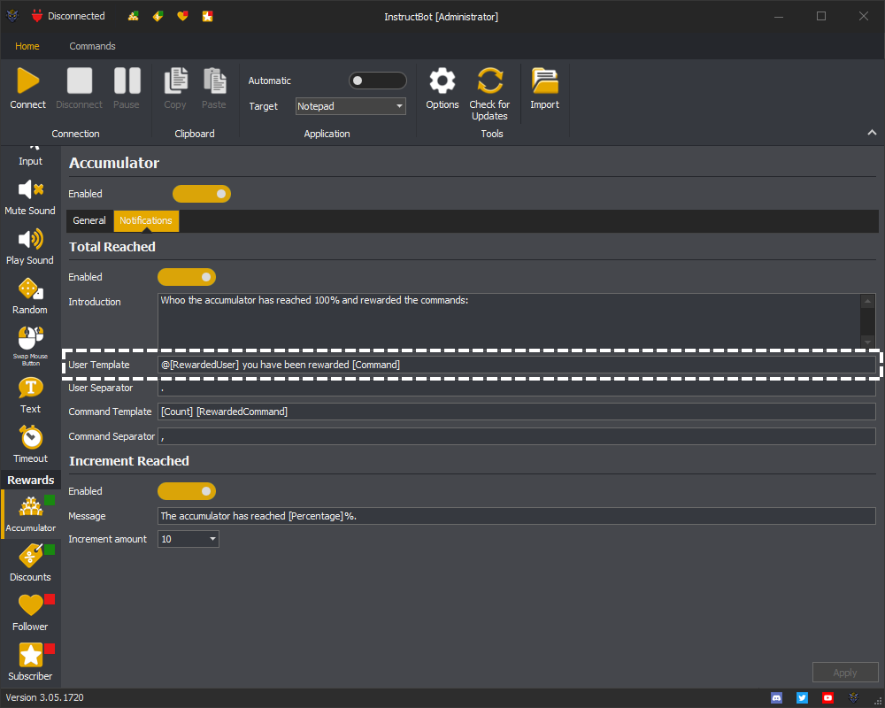 Example showing the total reached notification user template for the accumulator in InstructBot.