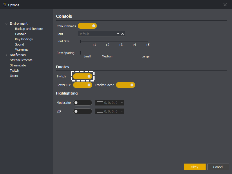 Showing the Twitch emotes setting for the console in InstructBot.