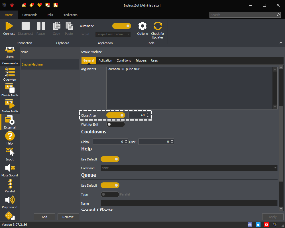 InstructBot showing the close after toggled button and second setting of the command.