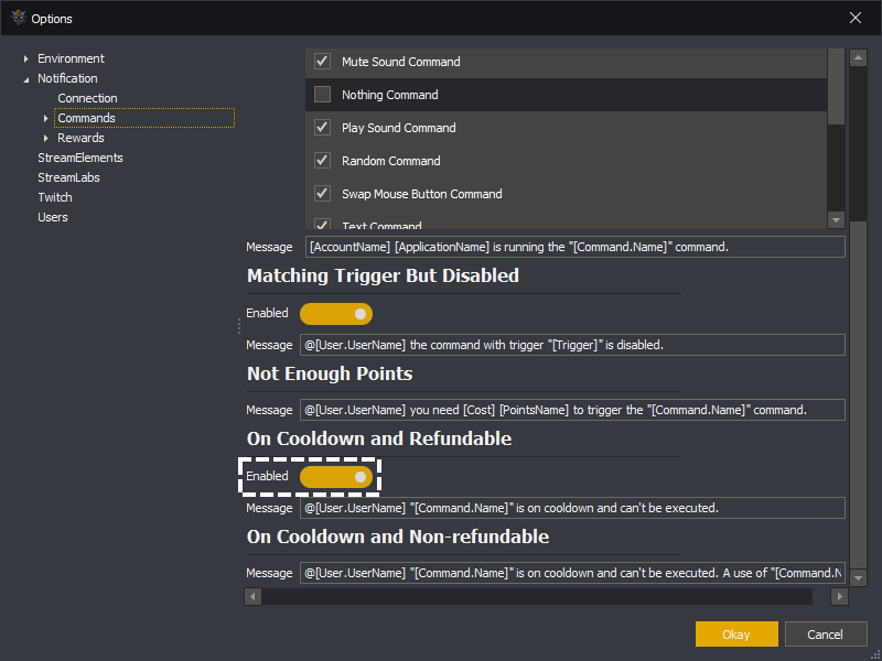 InstructBot options showing the command on cooldown and refundable toggle button.