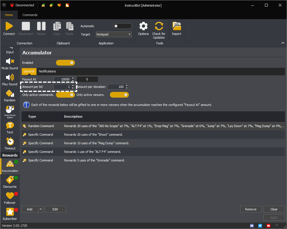 Example showing the amount per bit setting of the accumulator in InstructBot.