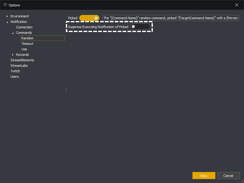 InstructBot options showing how to suppress the execution notification of the picked command.