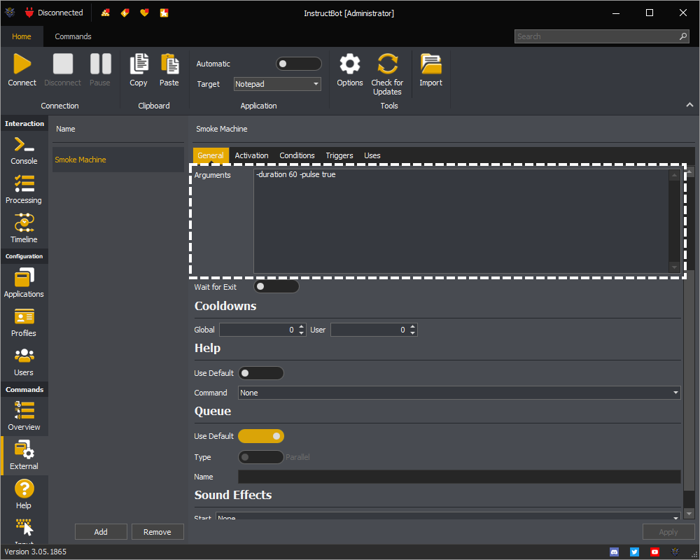 InstructBot showing the arguments of the command.