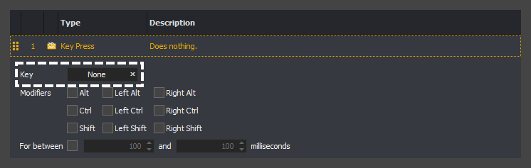 The input command action editor showing how to select the key textbox for a key press action in InstructBot.