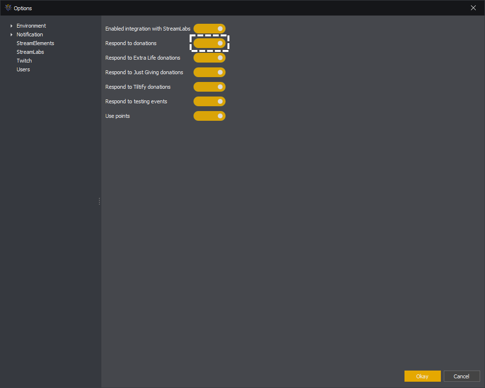 InstructBot options showing how to enable respond to donation events from StreamLabs.