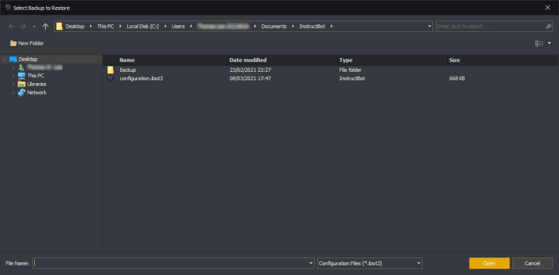 The open file dialog shown when restoring a backup in  InstructBot.