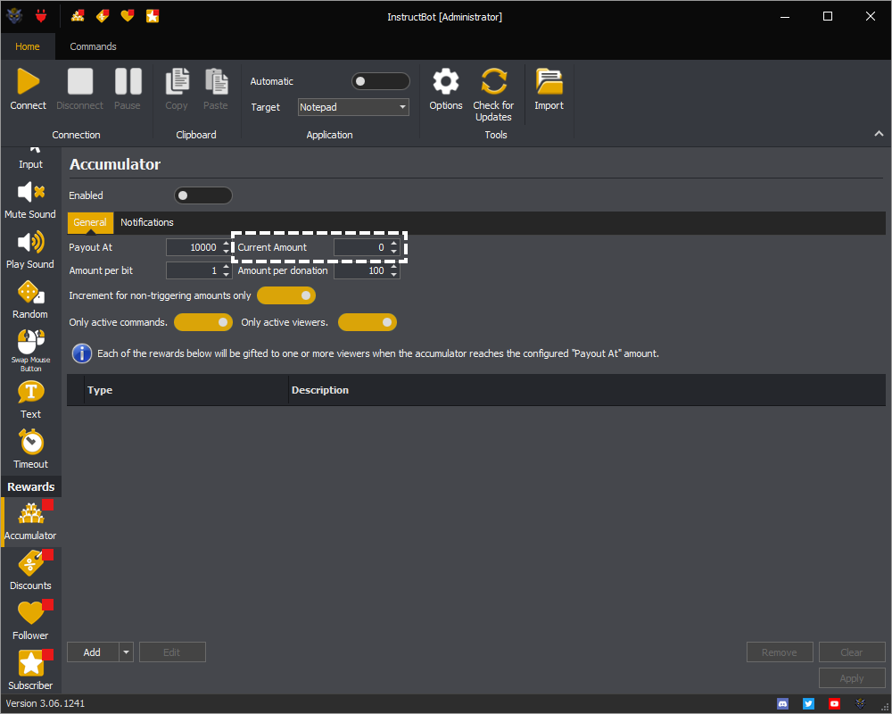 Example showing the current amount of the accumulator in InstructBot.