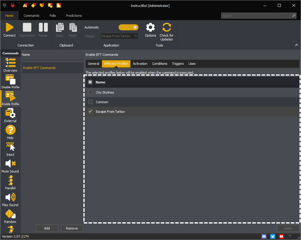 InstructBot showing the profiles affected by the command.