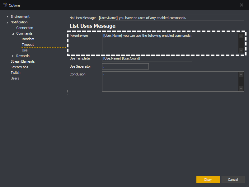 InstructBot options showing the uses command introduction message template.