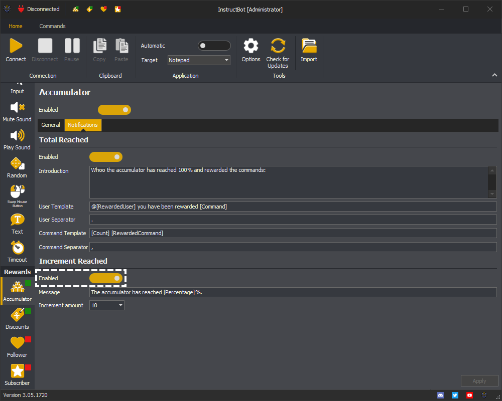 Example showing the increment reached notification toggle button for the accumulator in InstructBot.