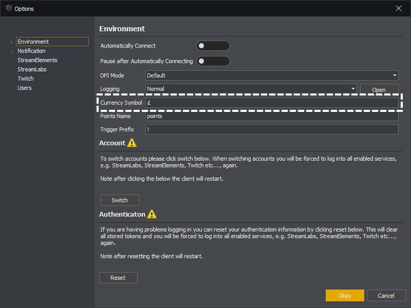 InstructBot options showing how to set the currency symbol.