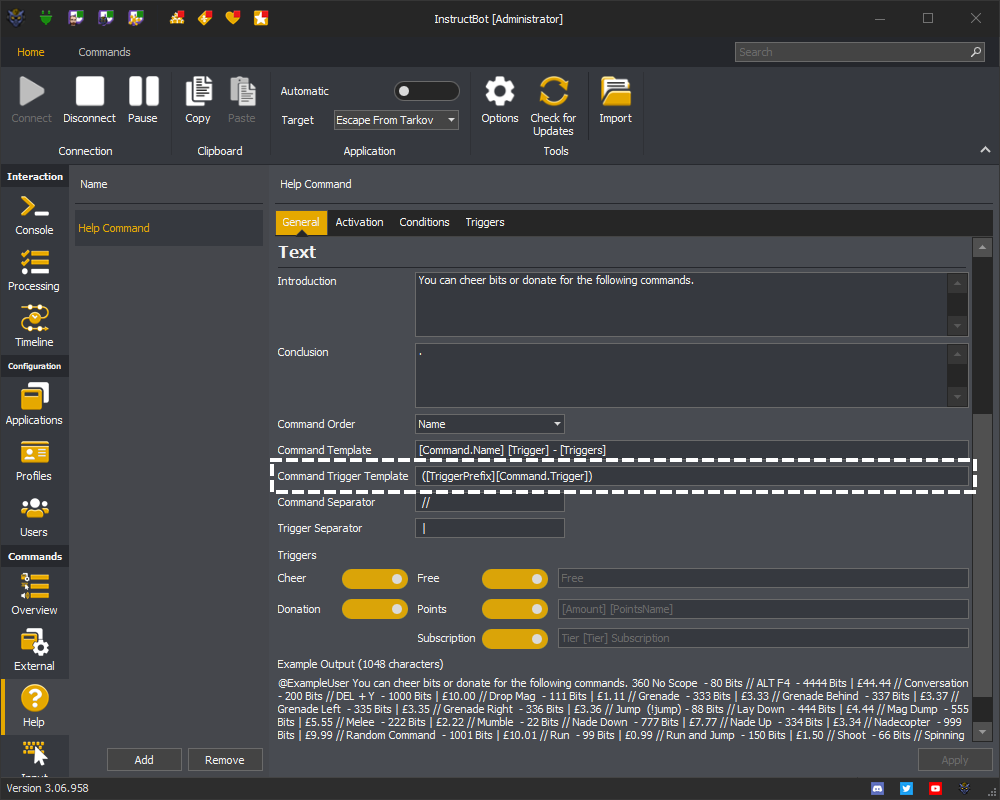 InstructBot showing command trigger template of a help command.