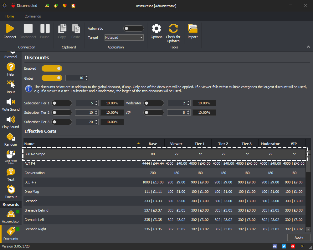 InstructBot rewards screen showing an example of the global discount.