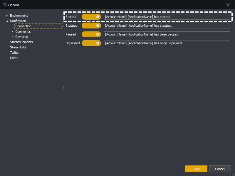 InstructBot options showing the started notification.