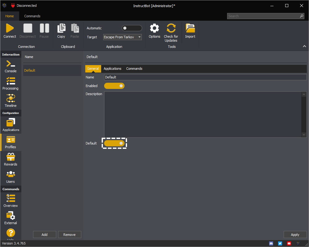 InstructBot profiles screen showing the default profile toggle button.