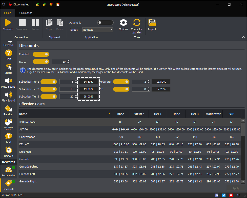 InstructBot rewards screen showing an example of the effective subscriber discount percentages.