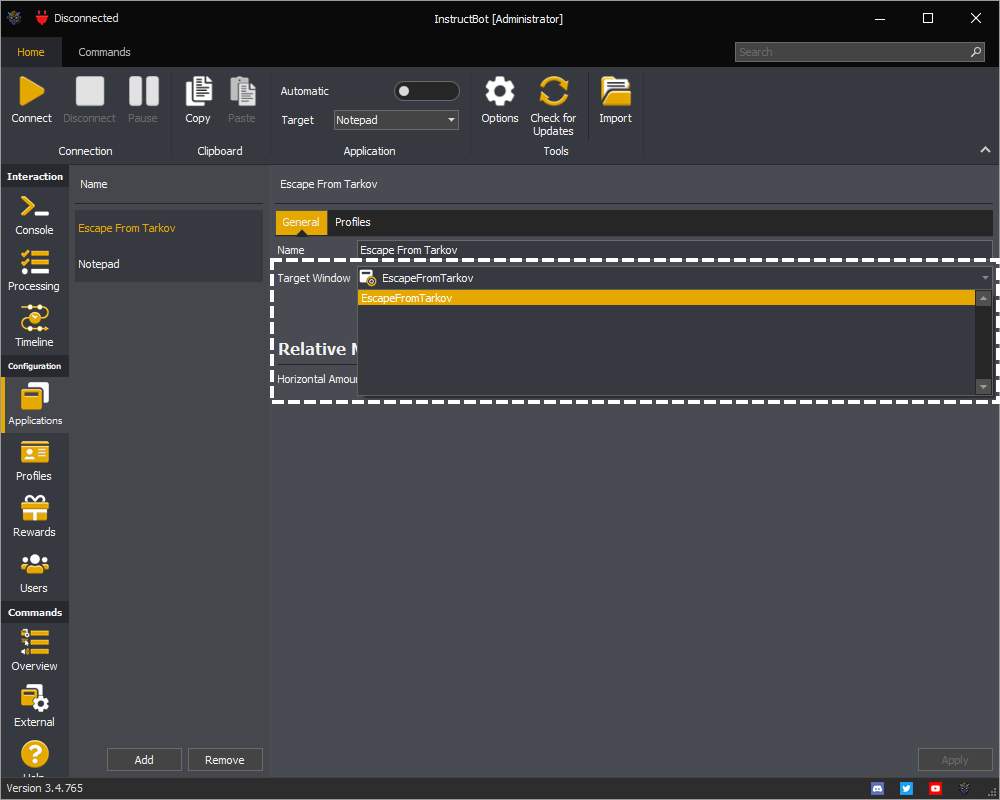 Application in InstructBot showing how to select a target window.