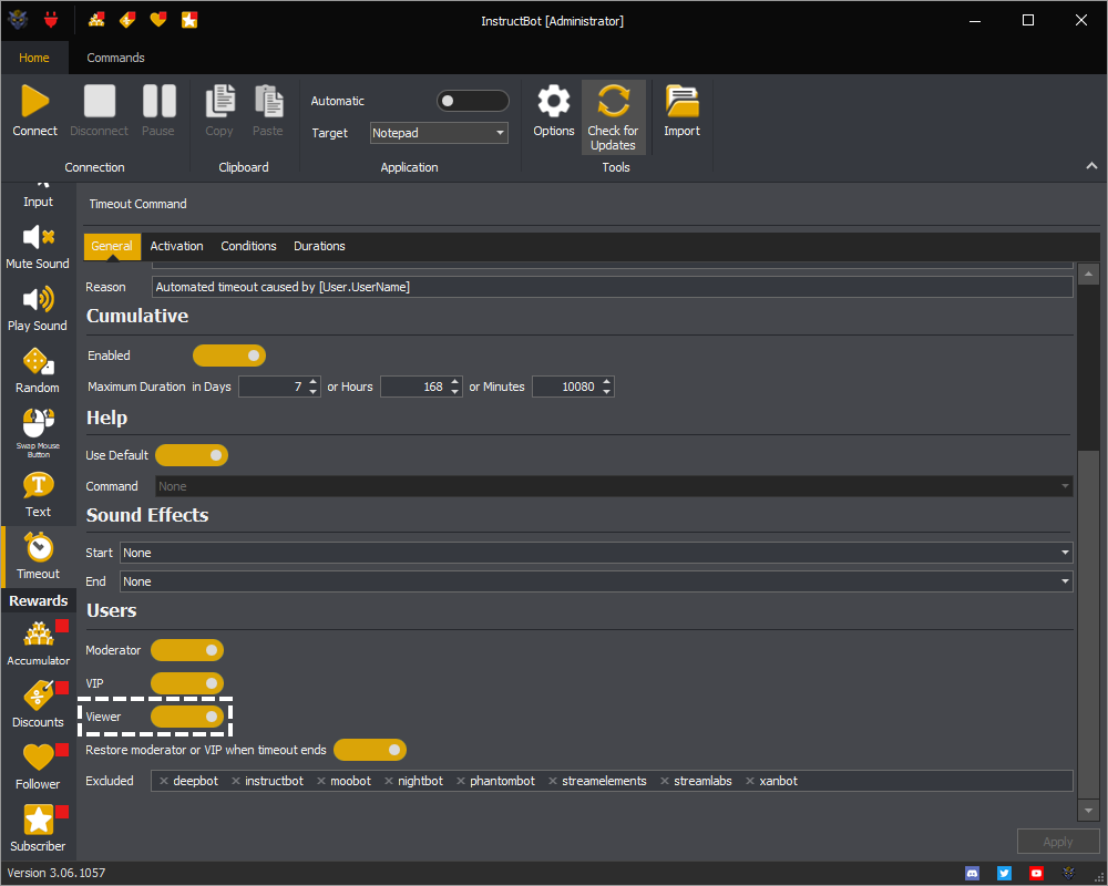 InstructBot timeout command showing how to enable viewers timeout.