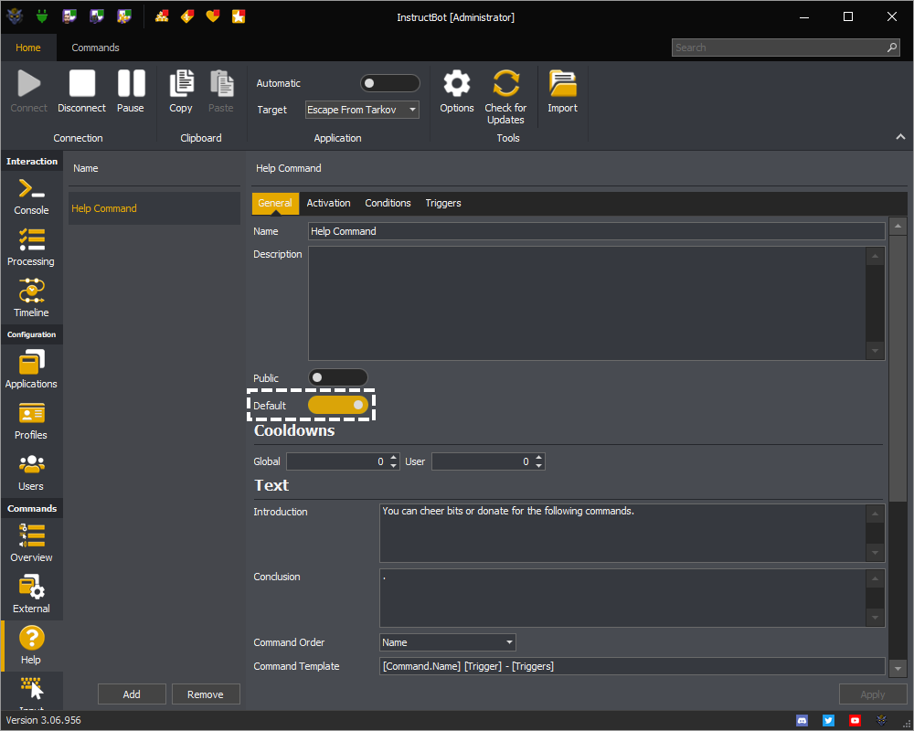 InstructBot showing the default toggle button of a command.