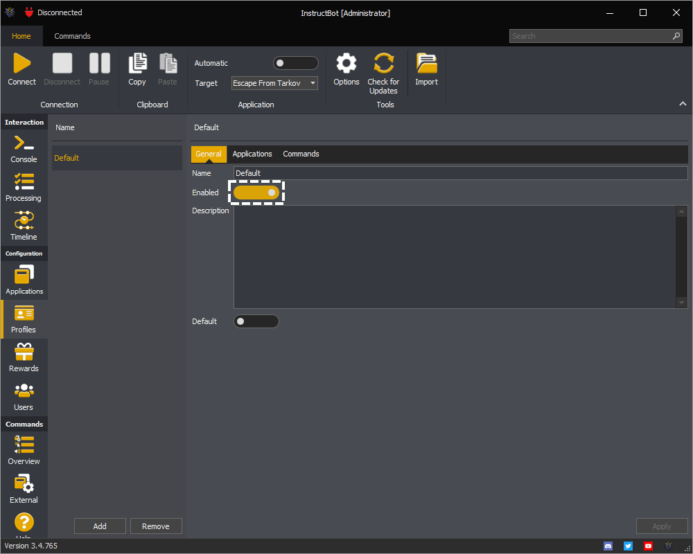 InstructBot profiles screen showing the enabled or disabled toggle button.