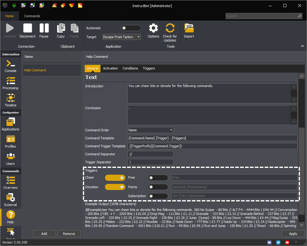 InstructBot showing triggers toggle buttons of a help command.