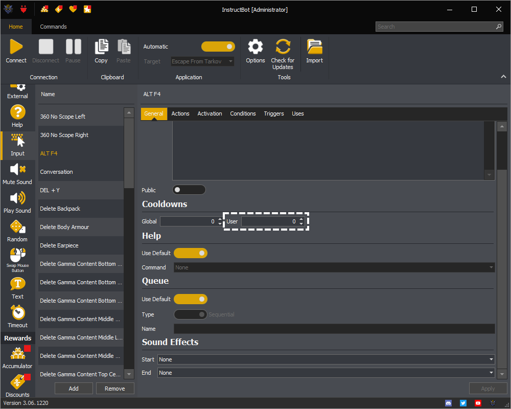 Instructbot showing the user cooldown of a command.