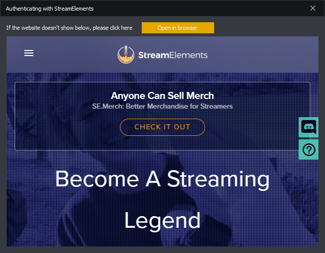 InstructBot showing StreamElements login screen.