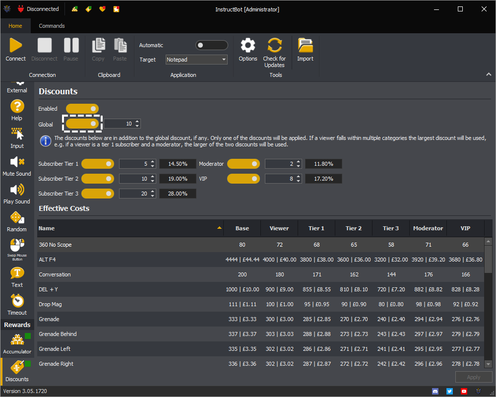 InstructBot rewards screen showing how to toggle on the global discount.