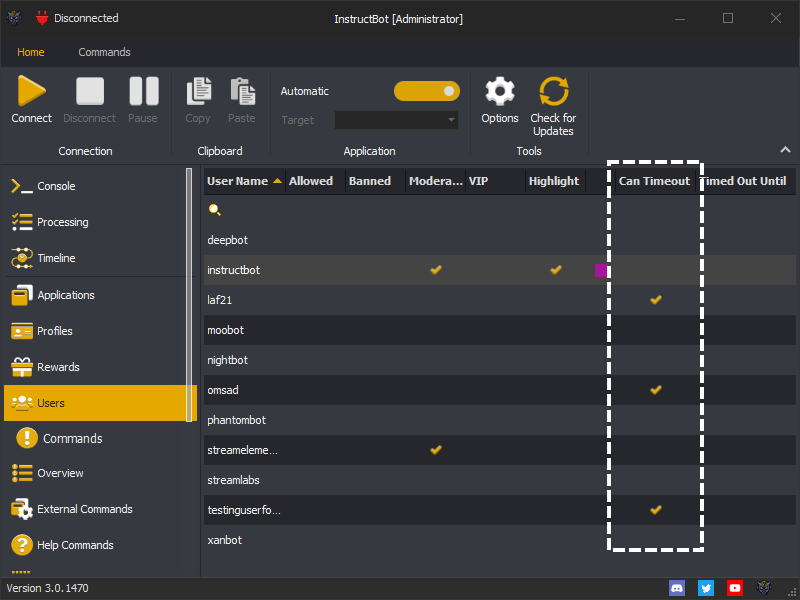 InstructBot users screen showing an example of a user which can be timed out.