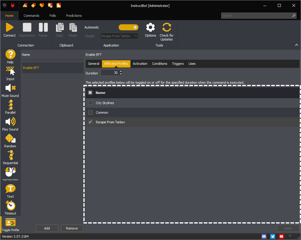 InstructBot showing the profile affected by the command.