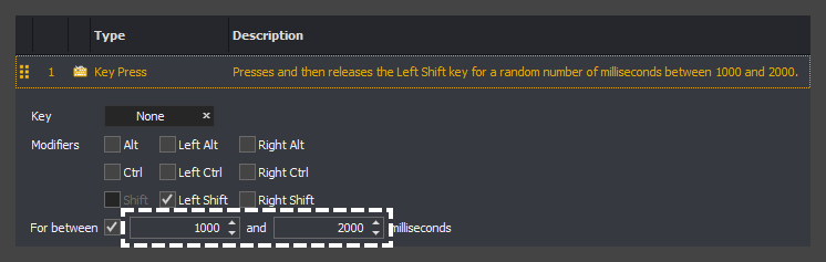 Example showing how to assign a minimum and maximum duration to a key press action for an input command in InstructBot.