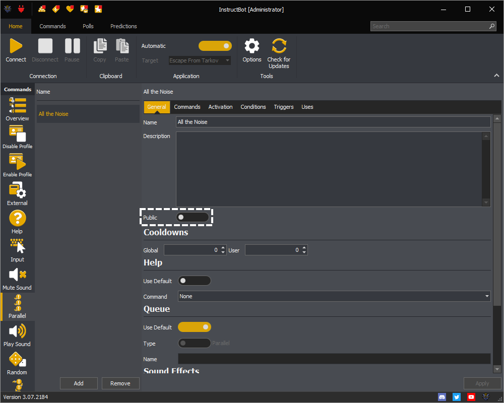 InstructBot showing the public toggle button of a command.