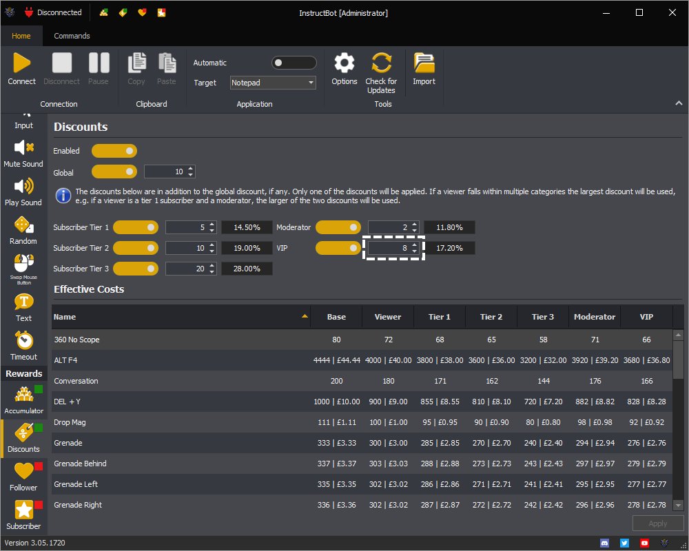 InstructBot rewards screen showing an example of the VIP discount amounts.